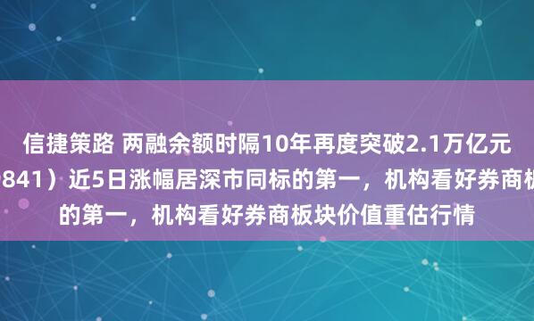 信捷策路 两融余额时隔10年再度突破2.1万亿元，证券ETF（159841）近5日涨幅居深市同标的第一，机构看好券商板块价值重估行情